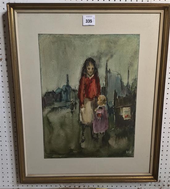Roger Gobron (Belgian, 1899-1985), two figures, watercolour, signed and inscribed, A mon ami Georges...Bruges 1967
